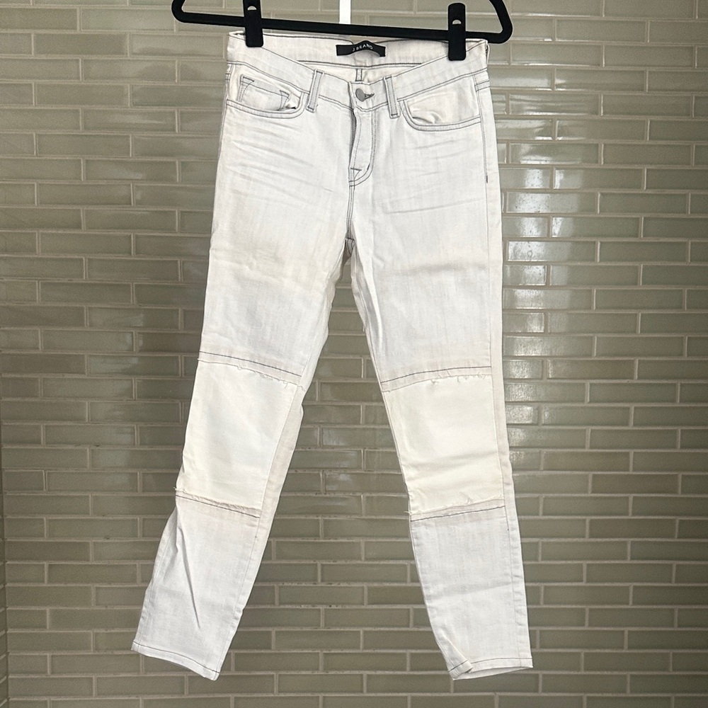 J Brand Women's Off-White Skinny Jeans with Leather Panels